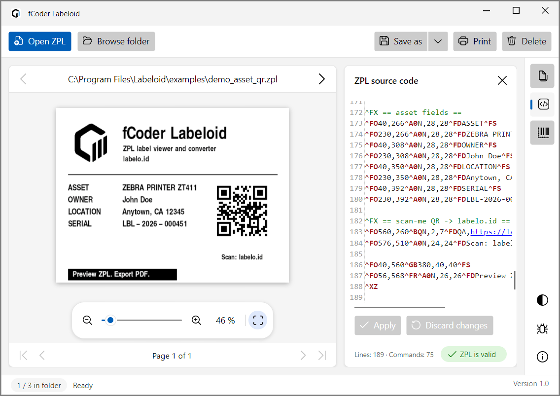 Labeloid showing a rendered ZPL label beside raw ZPL source