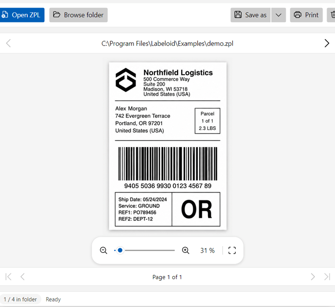 Labeloid file path and rendered ZPL preview