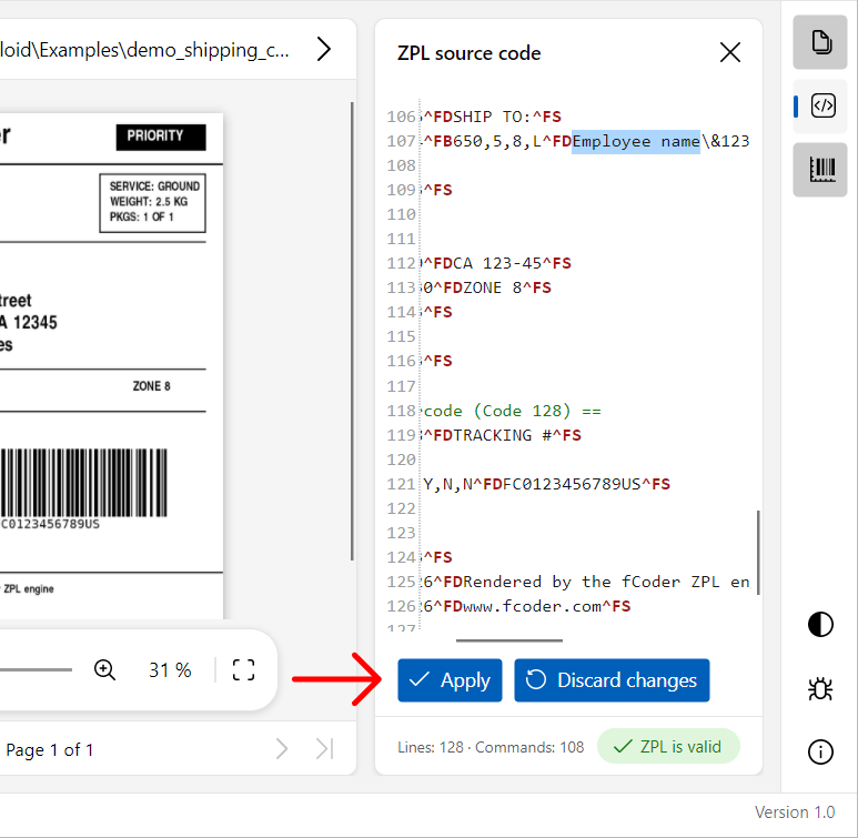 Labeloid raw ZPL source editor beside the rendered label