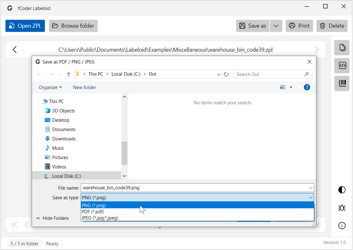 Choosing PDF, PNG, or JPEG in the Labeloid Save as dialog