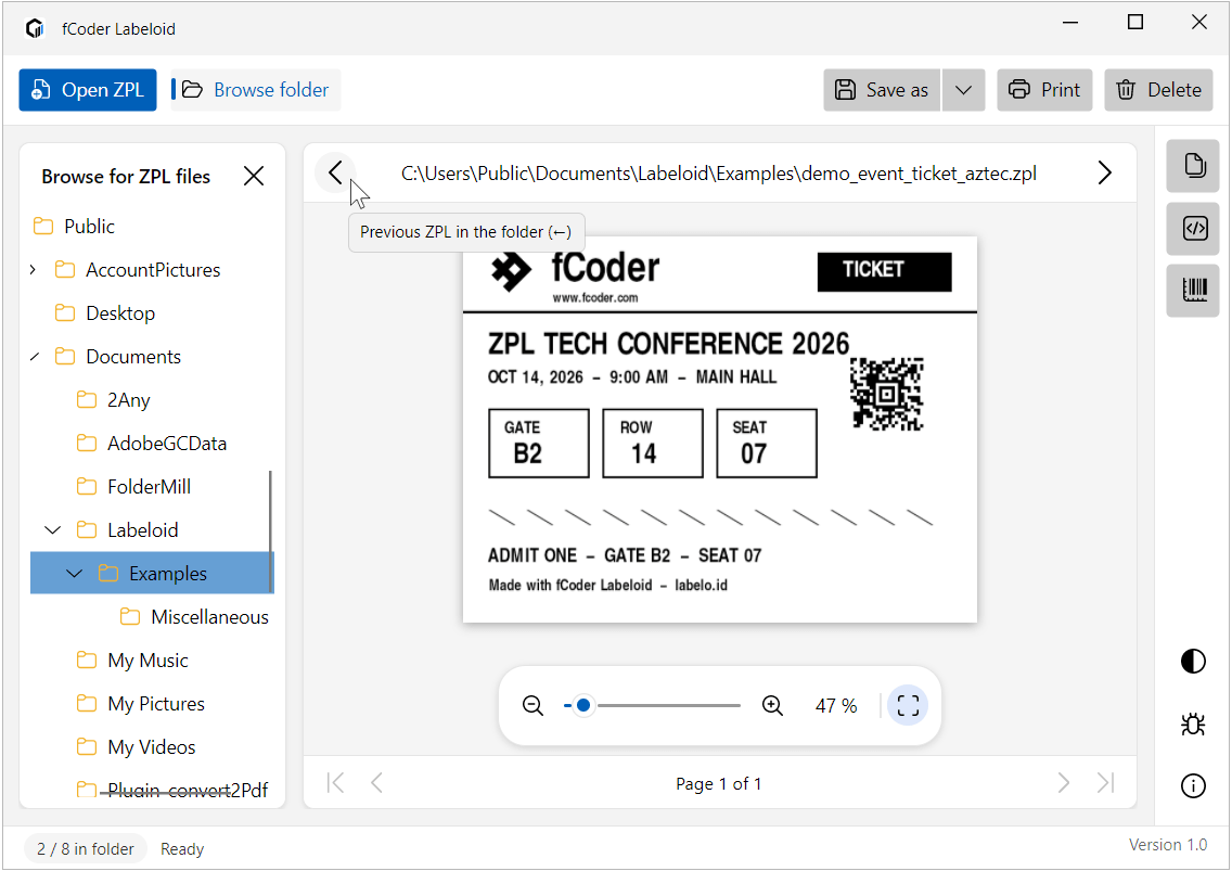 Browsing ZPL files in a selected folder in Labeloid