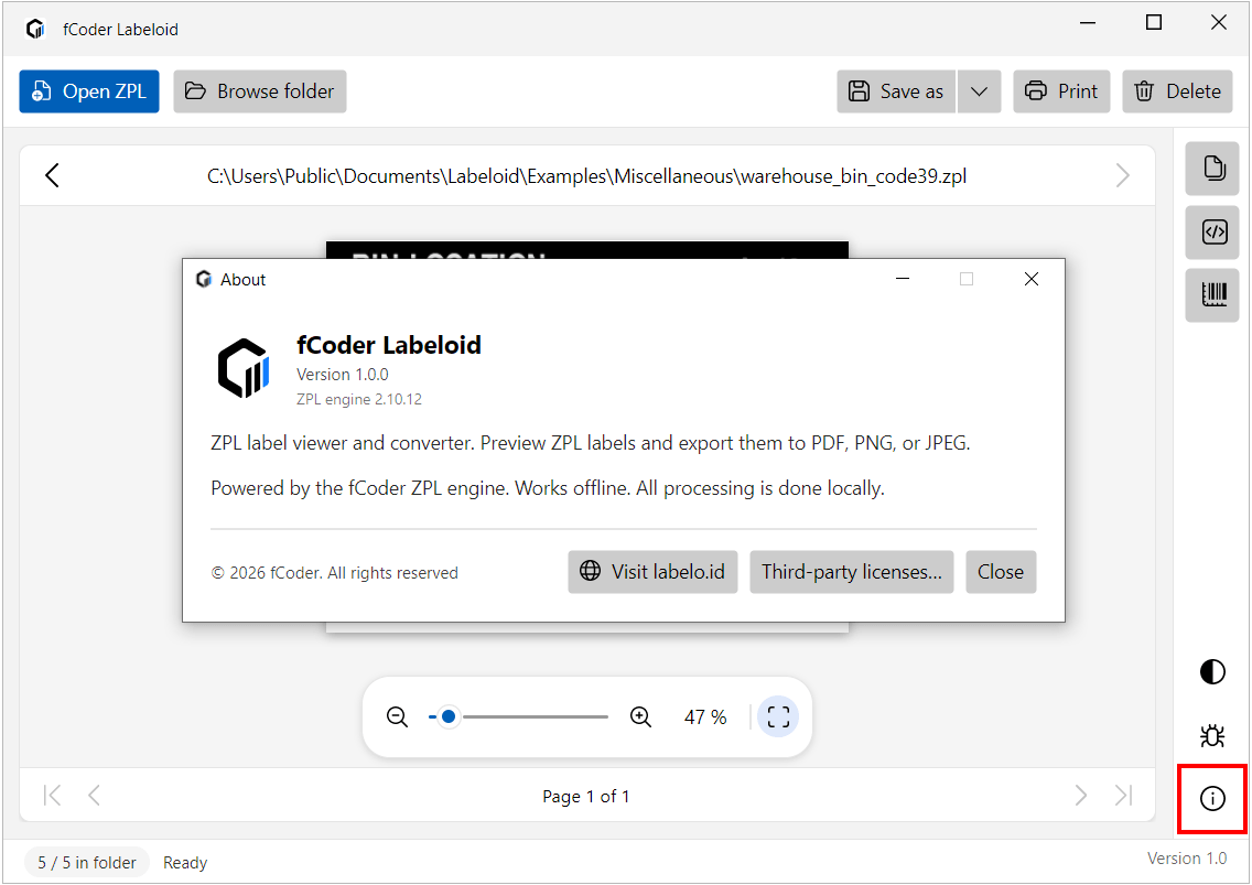 Labeloid About dialog with application and ZPL engine version information