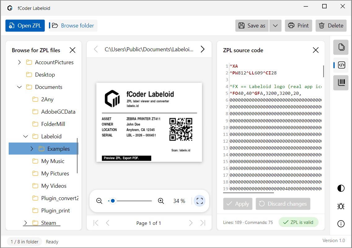 Labeloid workspace with folder browsing, label preview, and ZPL source editor
