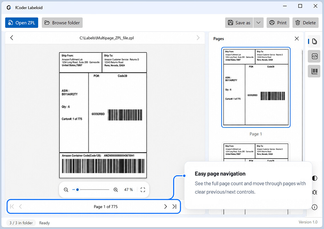 Labeloid showing multi-label ZPL page thumbnails and page navigation