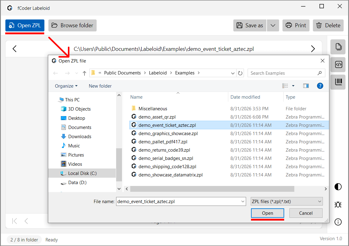 Opening an existing ZPL file in Labeloid on Windows