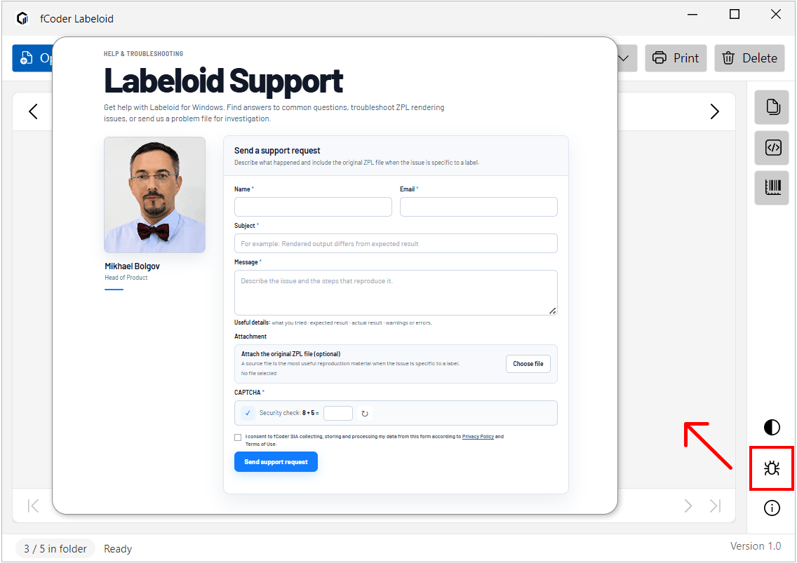 Opening the Labeloid Support page from the bug report icon in the application