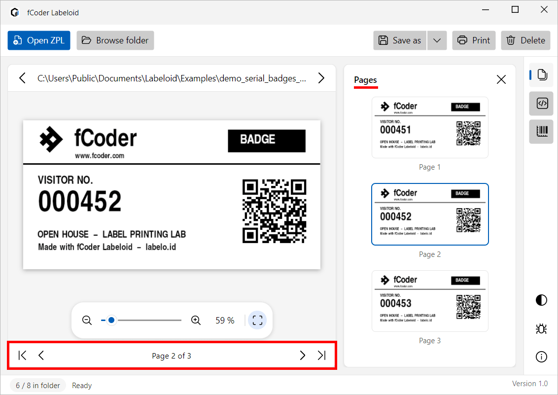 Navigating pages in a multi-label ZPL file in Labeloid