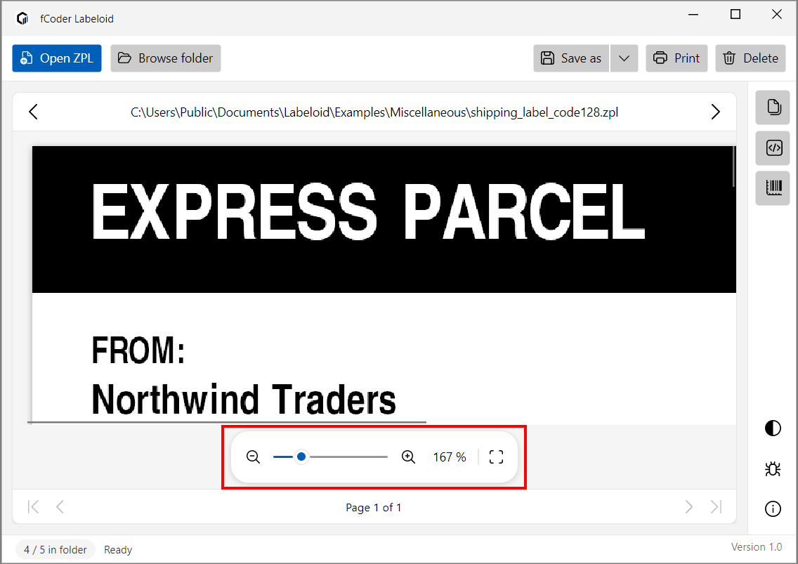 Zoom and Fit to window controls below the Labeloid preview