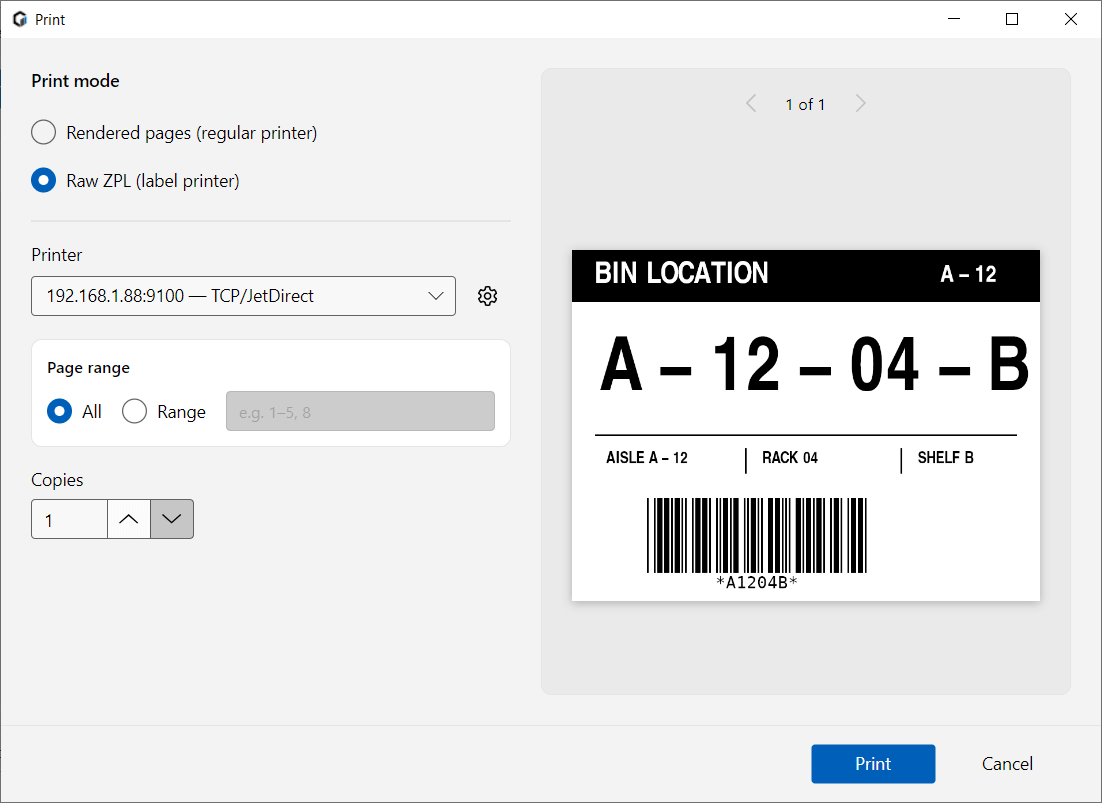 Labeloid Print dialog with Raw ZPL label printer mode selected