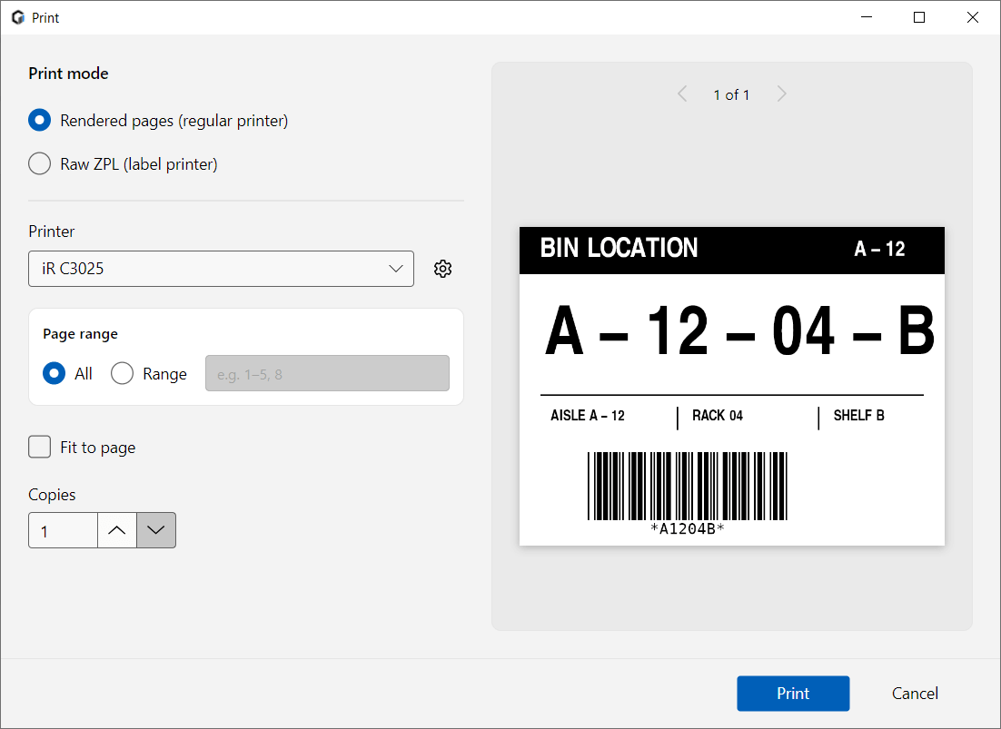 Labeloid Print dialog with Rendered pages regular printer mode selected