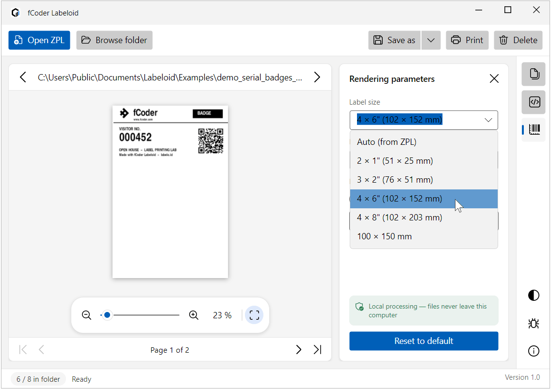 Label size, print density, and page range settings in Labeloid
