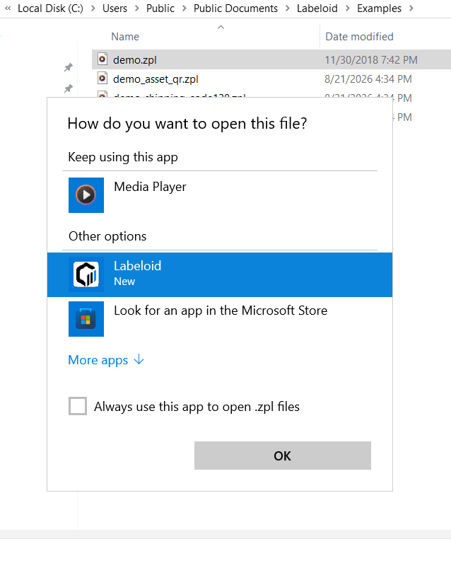 Windows Open with dialog for associating .zpl files with Labeloid
