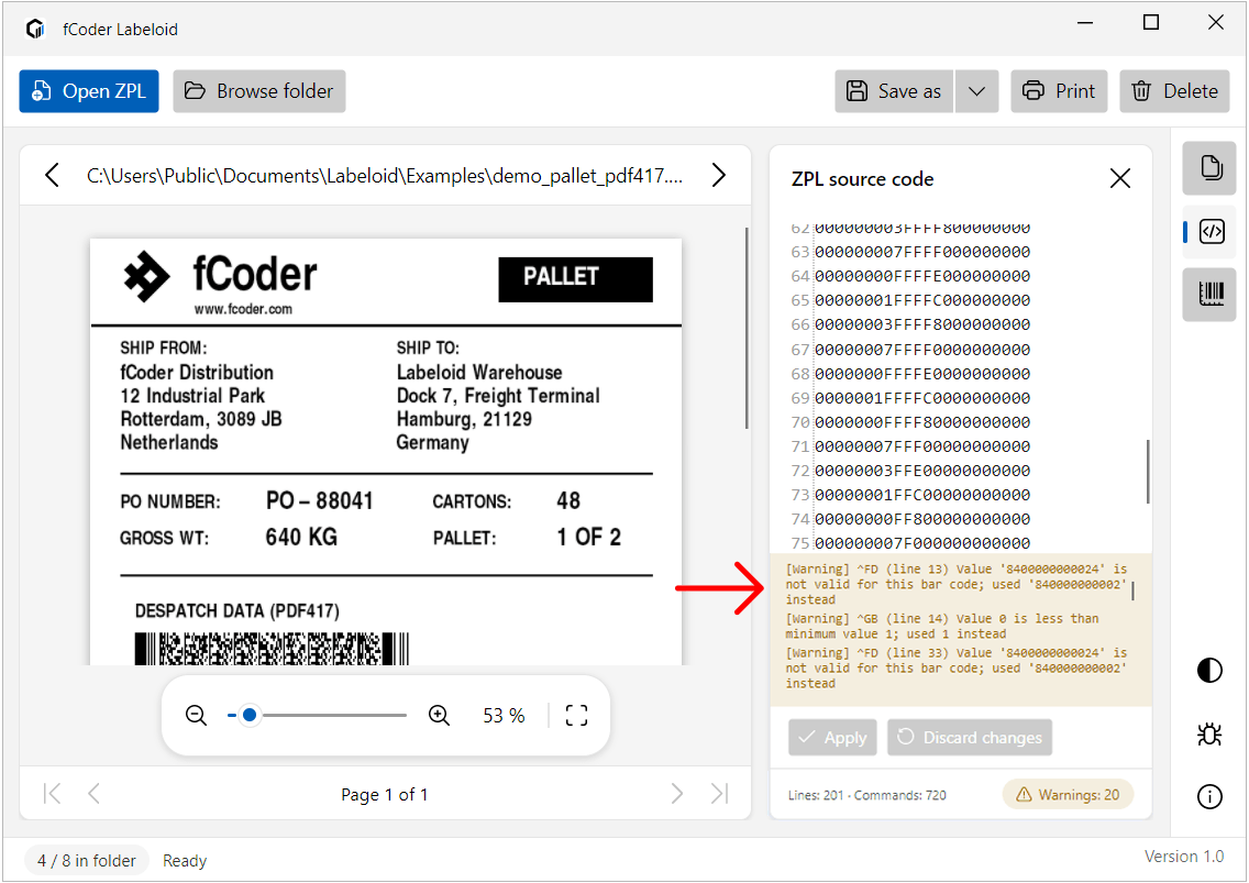ZPL warnings and highlighted source in Labeloid